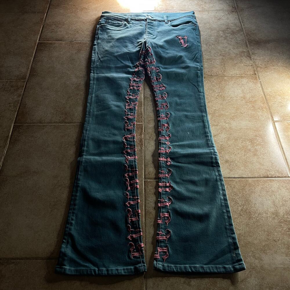 Valabasas Crotch Print Y2K Embroidered Teal Stacked Jeans